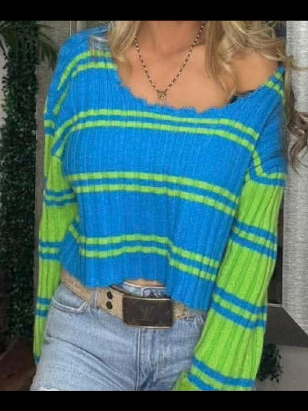 Cropped Ribbed Stripe Sweater - Blue & Lime - LG OVERSIZE FIT - Lots Of Stretch